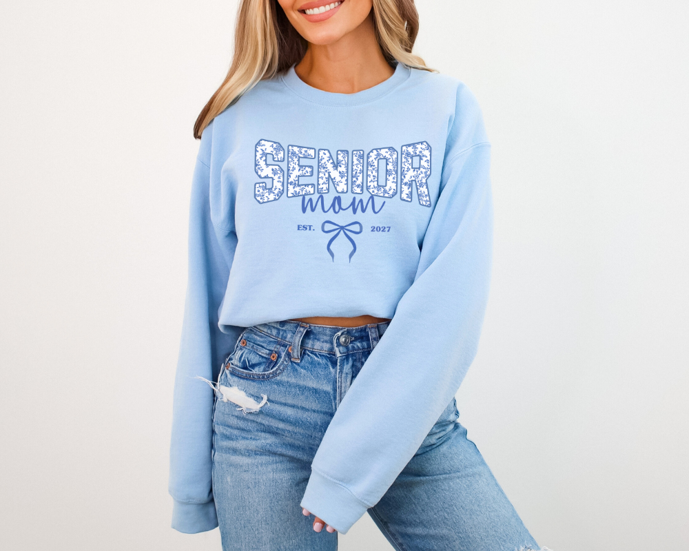 Senior Mom 2027 Blue Toile Bow Sweatshirt | Proud Senior Mom Gift
