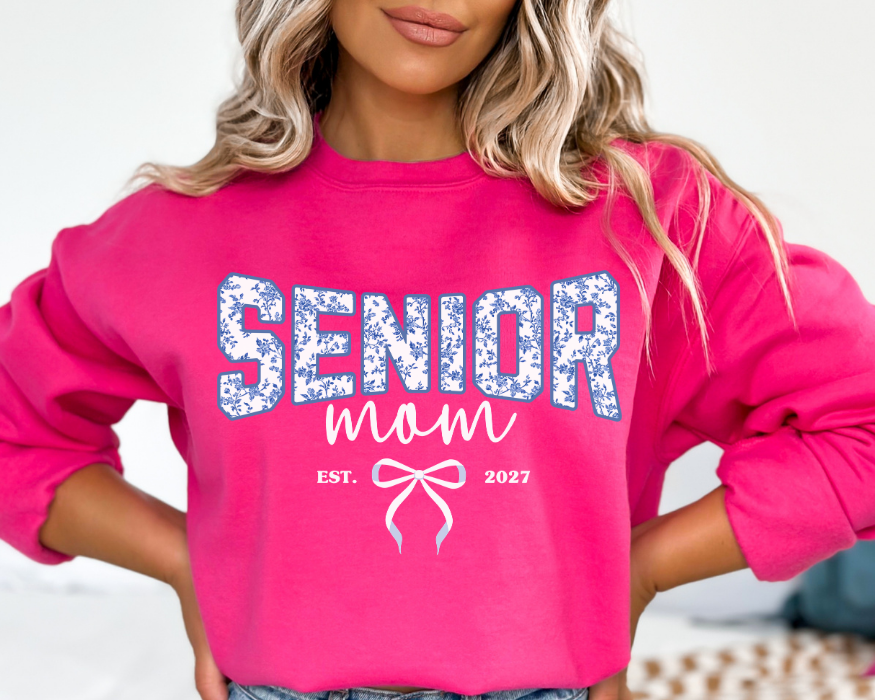 Senior Mom 2027 Blue Toile Bow Sweatshirt | Proud Senior Mom Gift