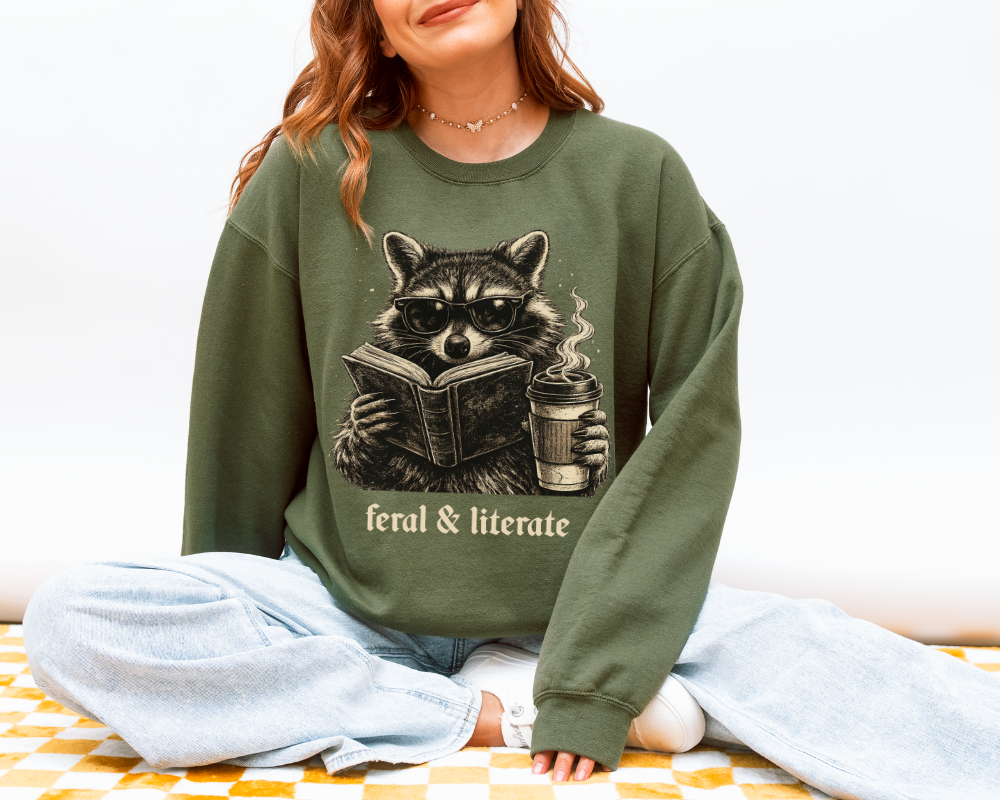 Feral & Literate Raccoon Sweatshirt | Book Lover Crewneck