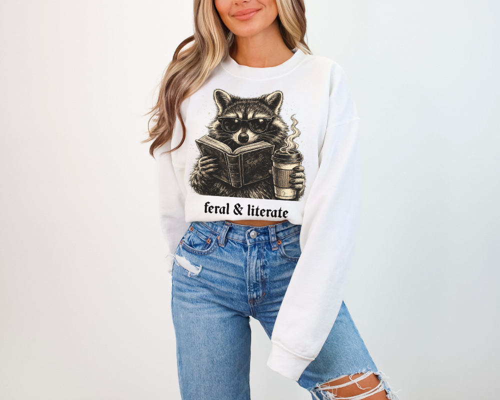 Feral & Literate Raccoon Sweatshirt | Book Lover Crewneck
