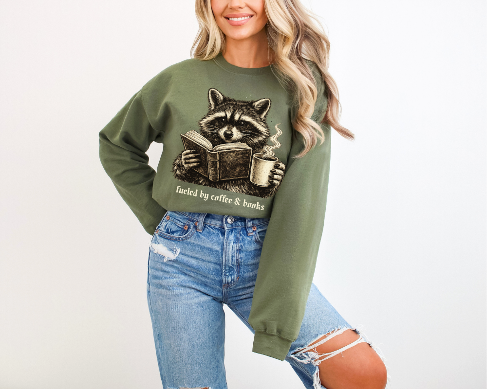 Fueled by Coffee & Books Sweatshirt | Raccoon Crewneck