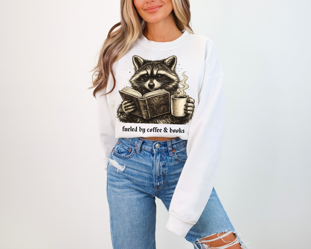 Fueled by Coffee & Books Sweatshirt | Raccoon Crewneck