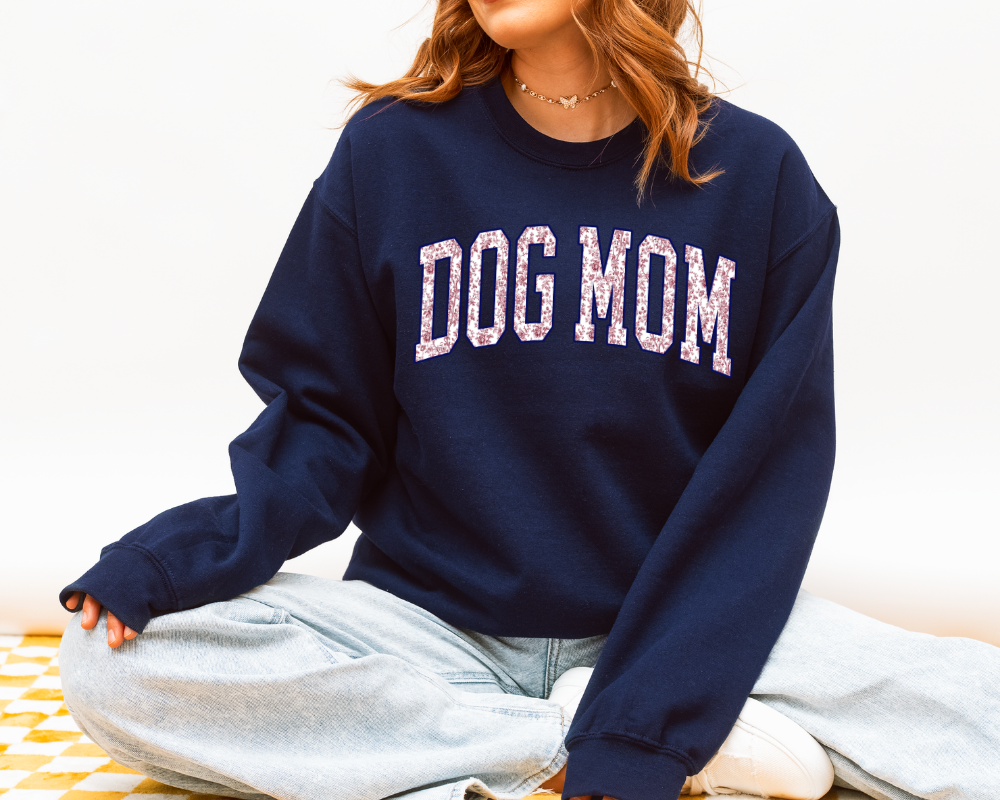 Dog Mom floral varsity sweatshirt in indigo blue cozy crewneck for pet lovers styled flat lay