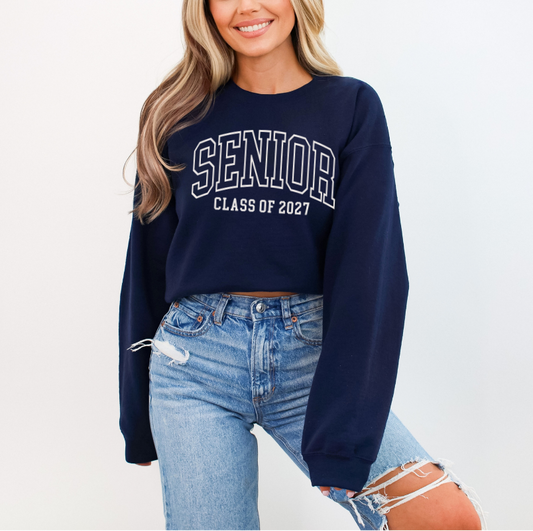 Senior Class of 2027 varsity crewneck sweatshirt in navy blue, cozy unisex graduation sweatshirt for senior year and school spirit events.
