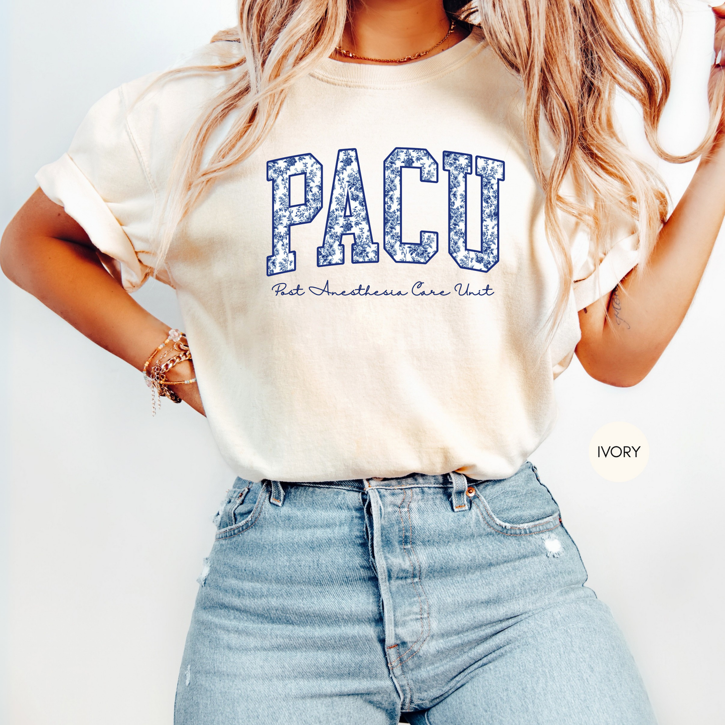 Ivory PACU nurse shirt with blue floral varsity letters – Post Anesthesia Care Unit tee for nurses