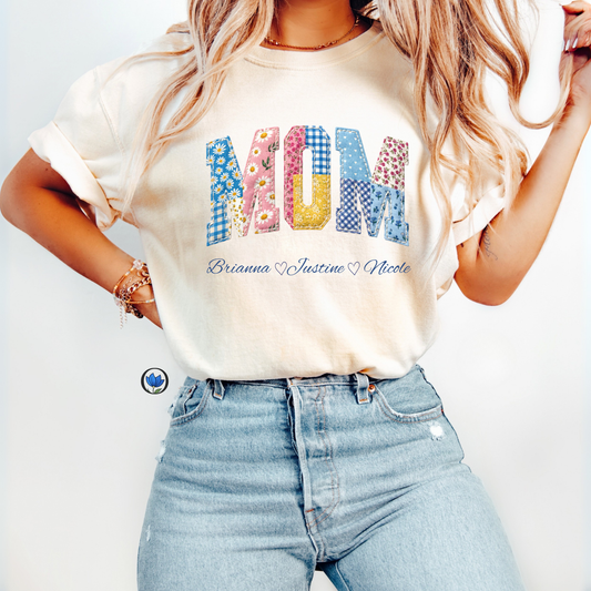 Custom MOM faux patchwork shirt with kids names floral gingham personalized mom tee