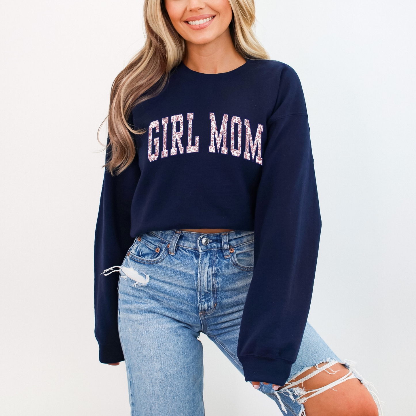 Girl Mom navy sweatshirt with floral lettering – cozy mom life apparel