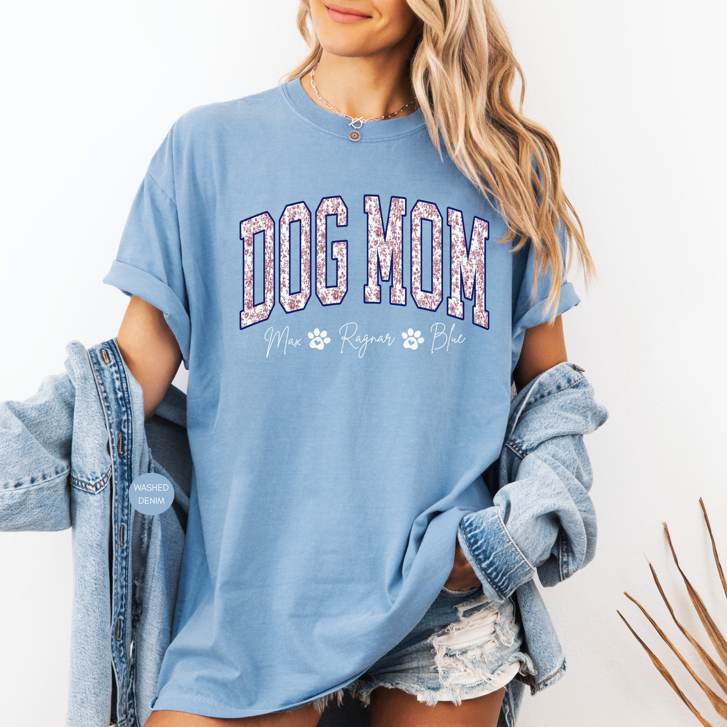 Custom Dog Mom t-shirt with dog names personalized gift for dog lovers blue shirt
