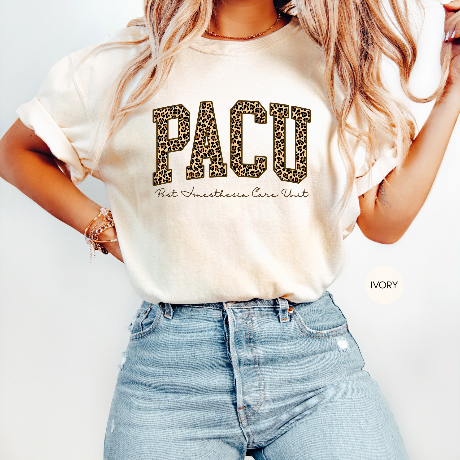 Ivory PACU nurse shirt with leopard varsity letters – Post Anesthesia Care Unit tee for nurses
