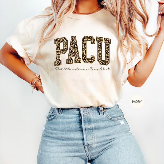 Ivory PACU nurse shirt with leopard varsity letters – Post Anesthesia Care Unit tee for nurses
