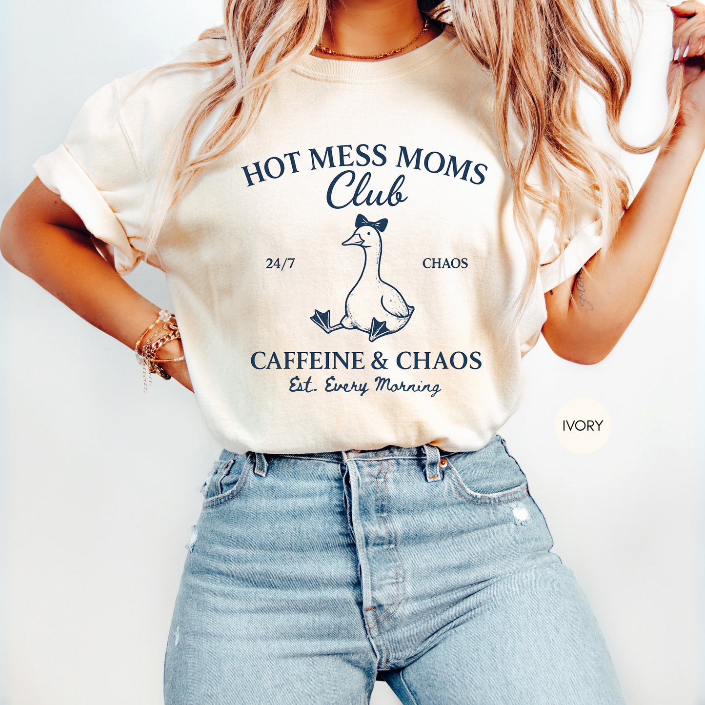 Ivory Hot Mess Moms Club shirt with goose illustration and Caffeine & Chaos slogan