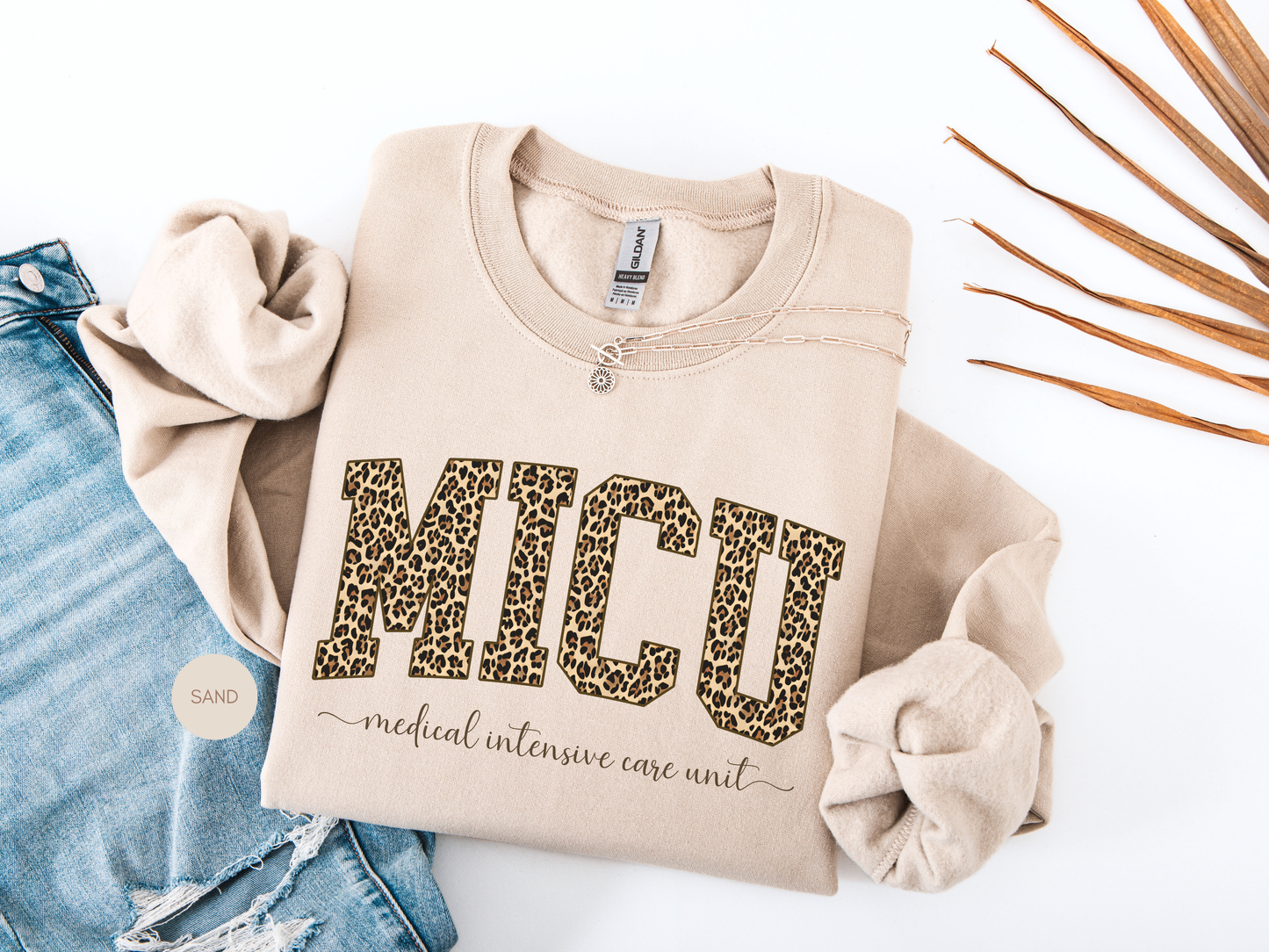 Sand MICU leopard sweatshirt with Medical Intensive Care Unit text, cozy nurse crewneck flat lay