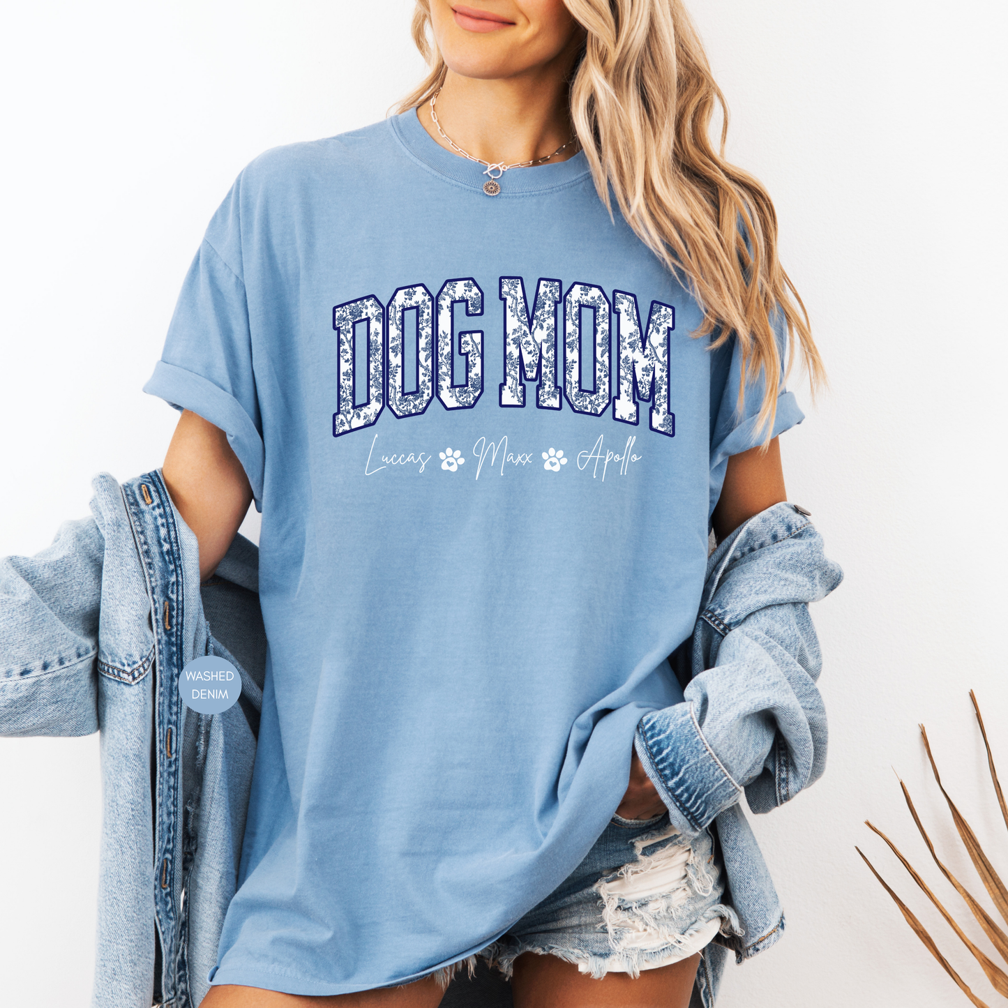 Personalized Dog Mom blue toile shirt with custom dog names on blue t-shirt