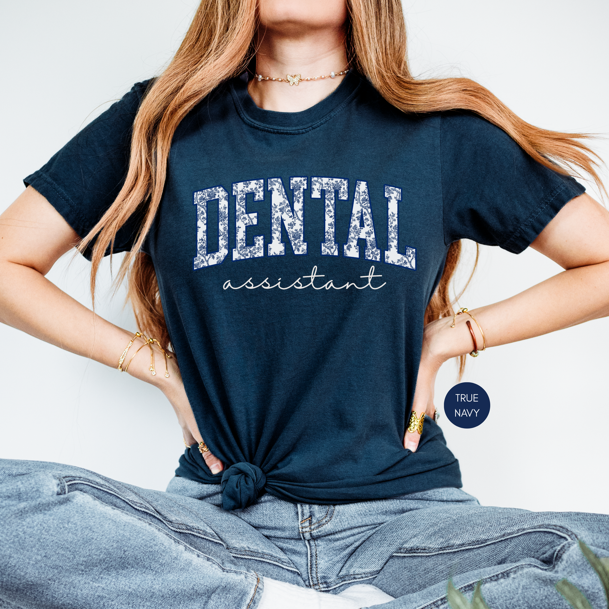 Dental Assistant navy shirt with collegiate font design worn by woman, cute dental office outfit