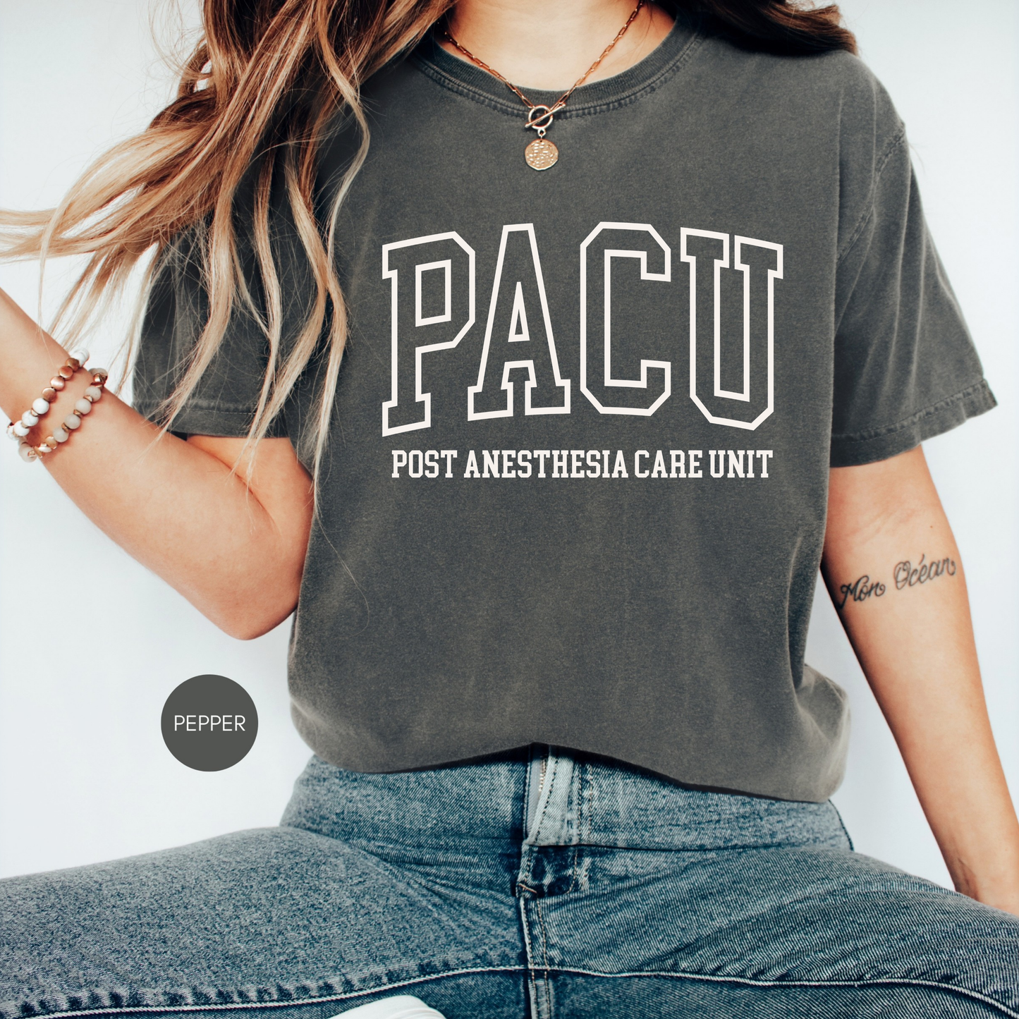 Pepper PACU nurse shirt with white varsity lettering – Post Anesthesia Care Unit tee for nurses