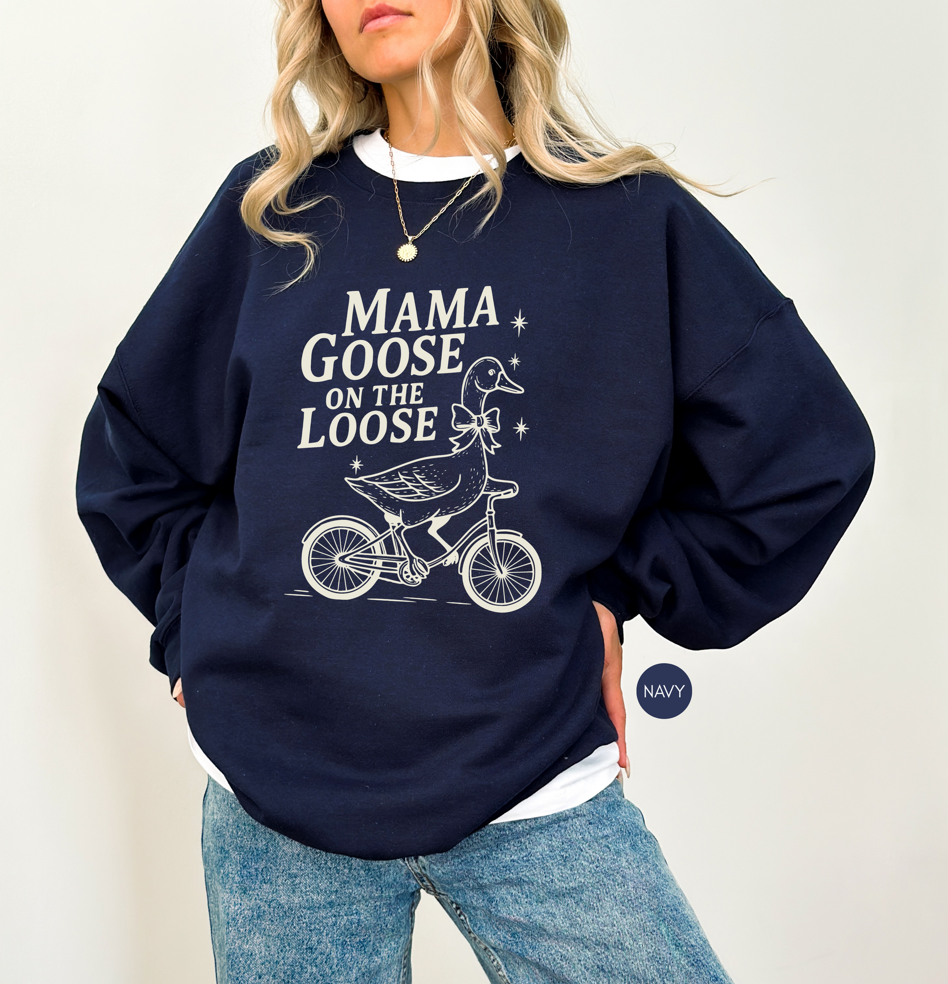 Mama Goose On The Loose navy sweatshirt with vintage bicycle goose graphic design