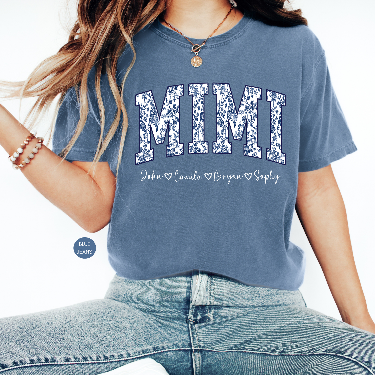 Personalized Mimi blue toile shirt with custom grandkids names on blue t-shirt