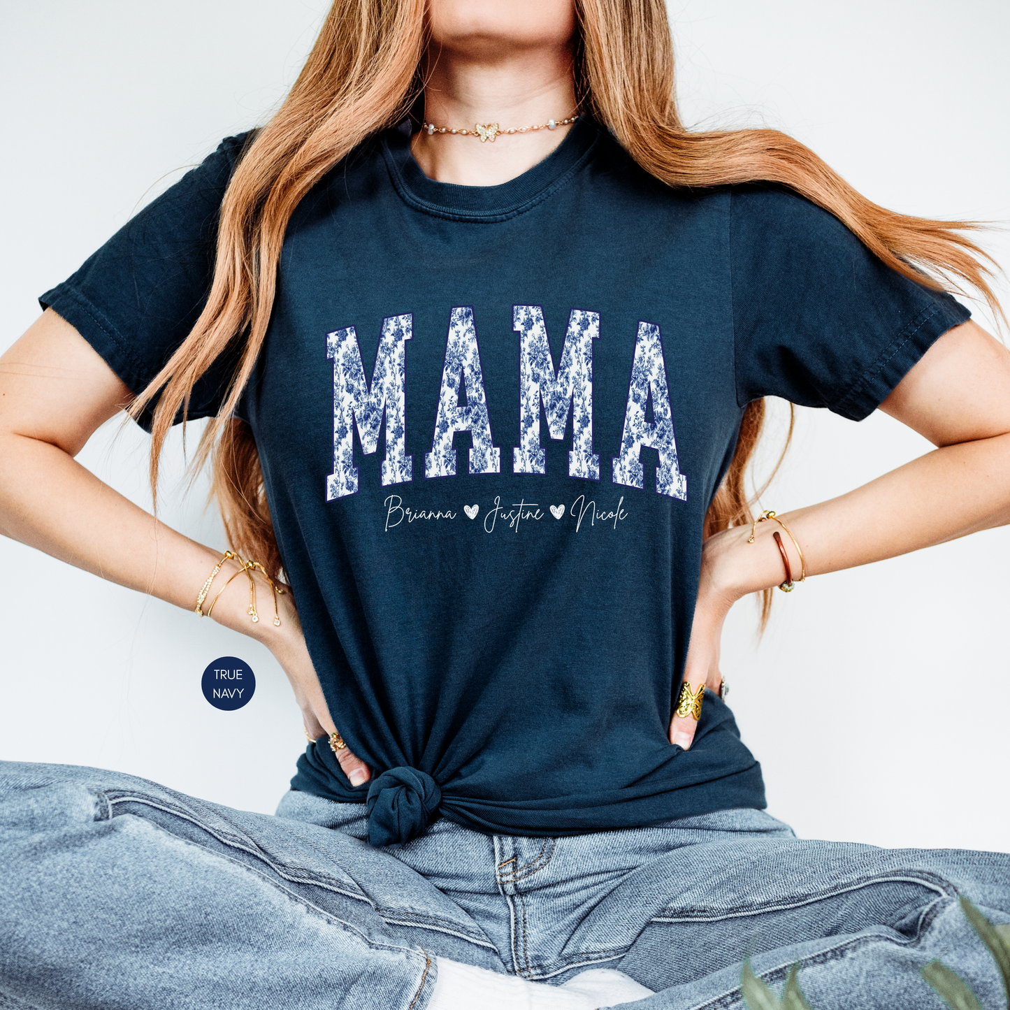 Custom mama blue toile shirt with kids names personalized gift for mom