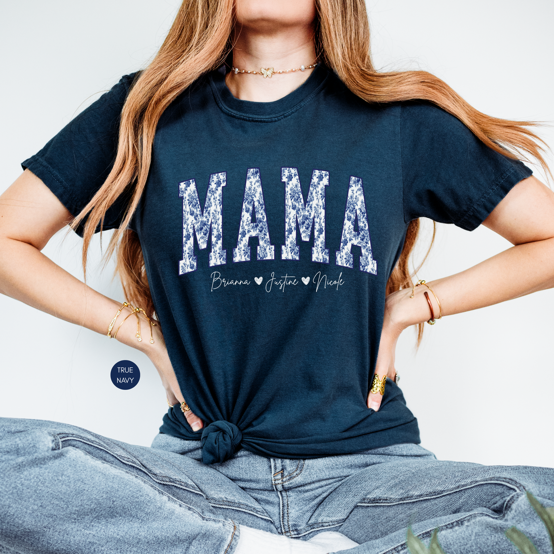 Custom mama blue toile shirt with kids names personalized gift for mom