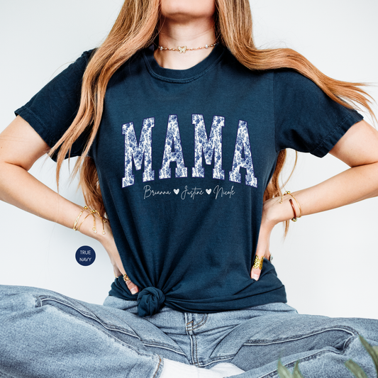 Custom mama blue toile shirt with kids names personalized gift for mom