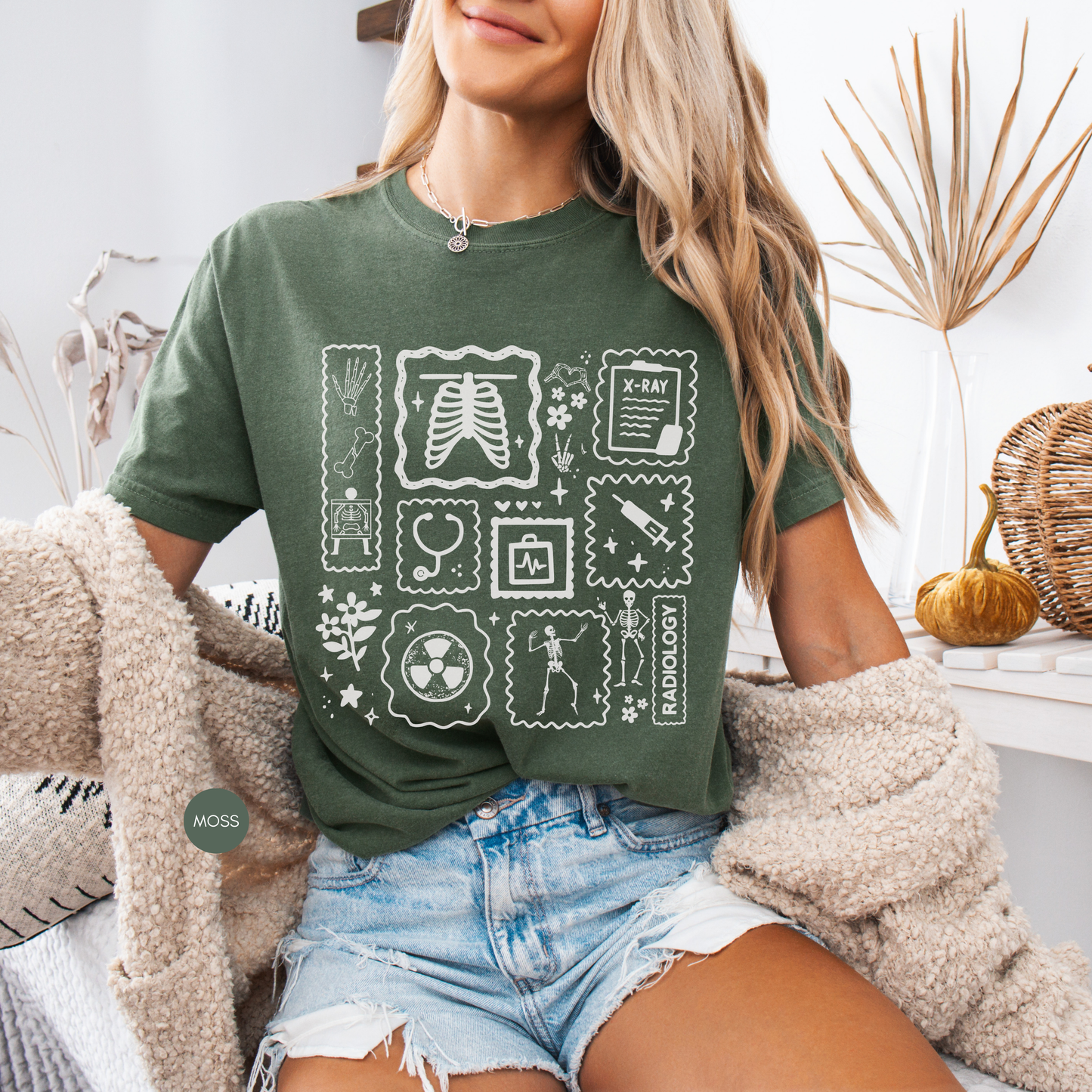 Radiology graphic shirt with X-ray medical icons design moss green unisex tee for radiologic technologist
