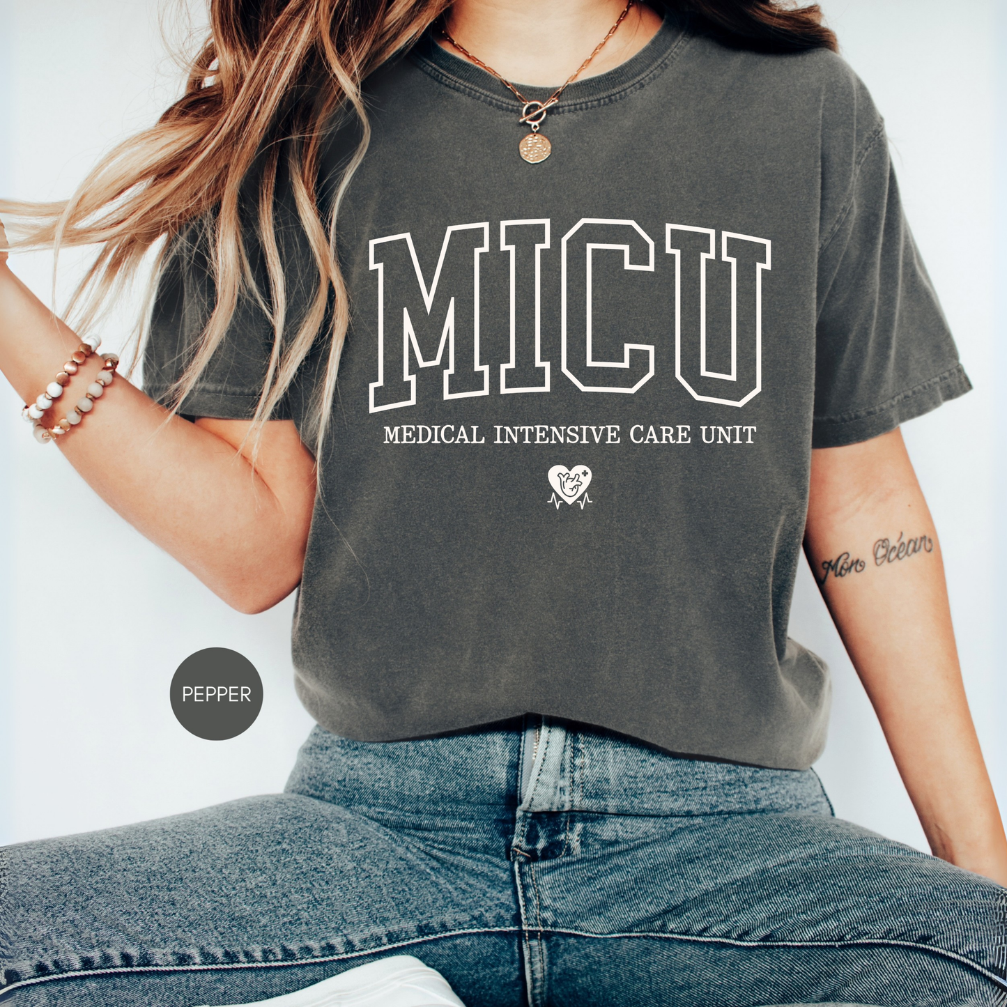 MICU Medical Intensive Care Unit nurse shirt in pepper color, collegiate style t-shirt for critical care nurse