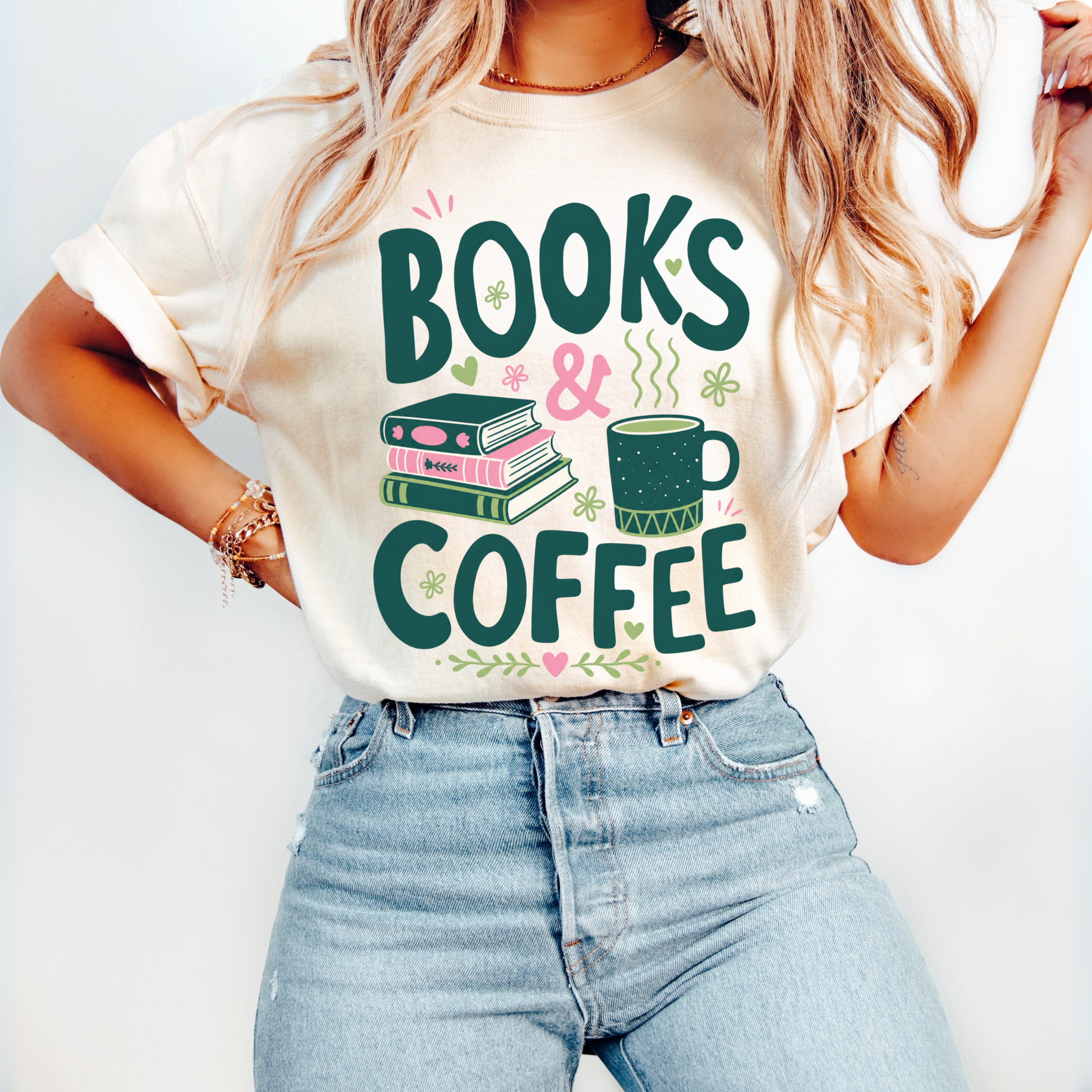 Books & Coffee graphic tee featuring a stack of books, a coffee mug, and modern typography on a Comfort Colors Ivory t-shirt.