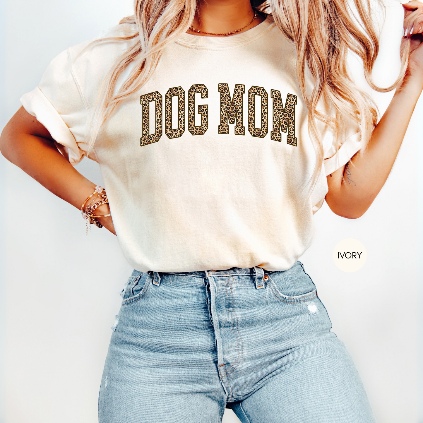 Dog Mom Leopard Shirt – Trendy Varsity Style Graphic Tee – Ivory Animal Print Dog Lover Shirt