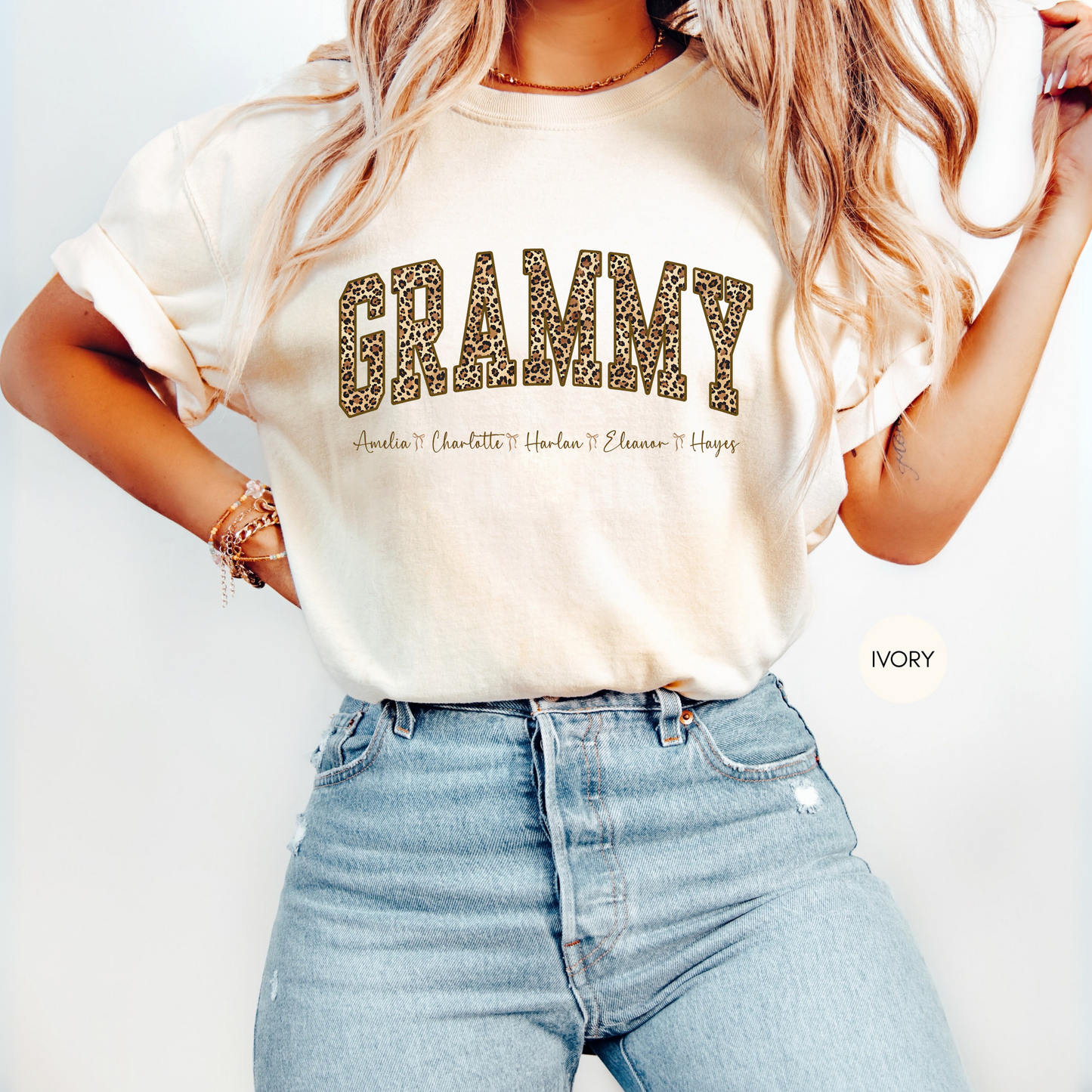 Personalized Grammy leopard print shirt with custom grandkids names on ivory t-shirt