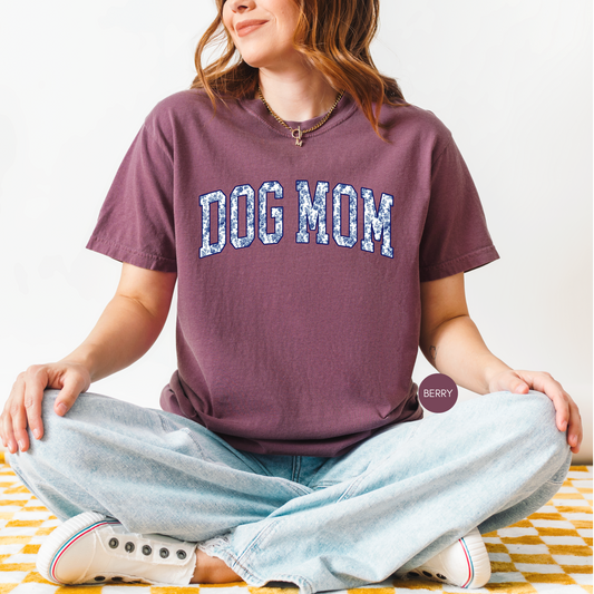 Berry Dog Mom t-shirt with blue floral varsity lettering styled with light wash jeans.