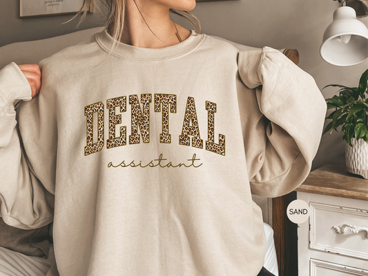 Dental assistant leopard sweatshirt in sand color, cozy crewneck for dental professionals
