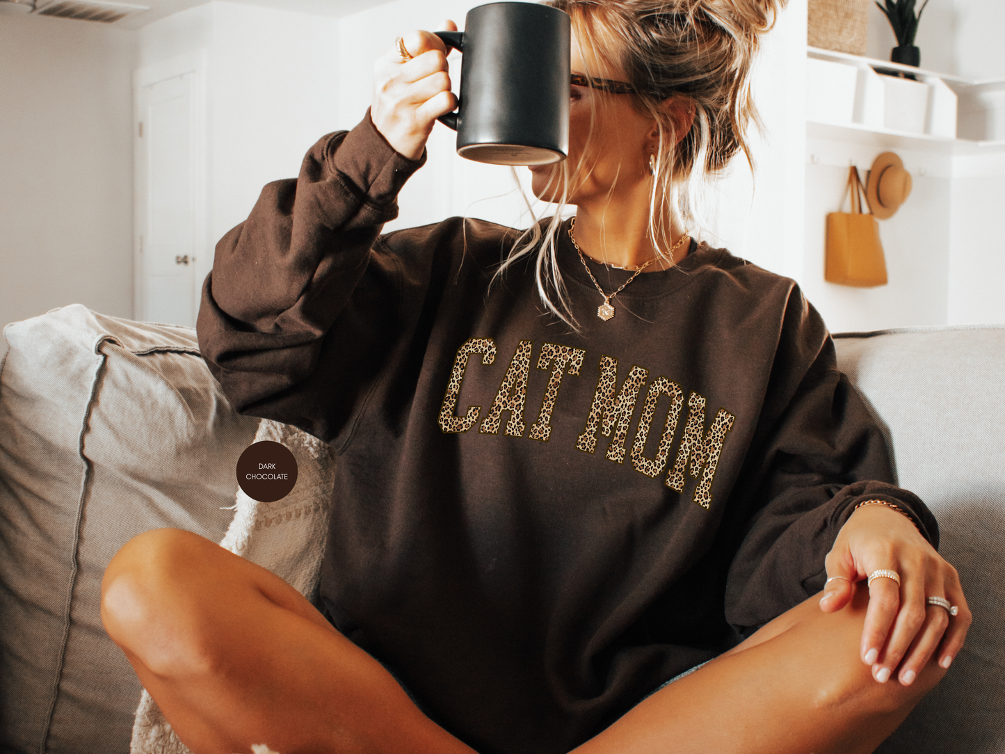 Cat Mom navy blue sweatshirt with floral varsity lettering, cozy oversized crewneck gift for cat lovers