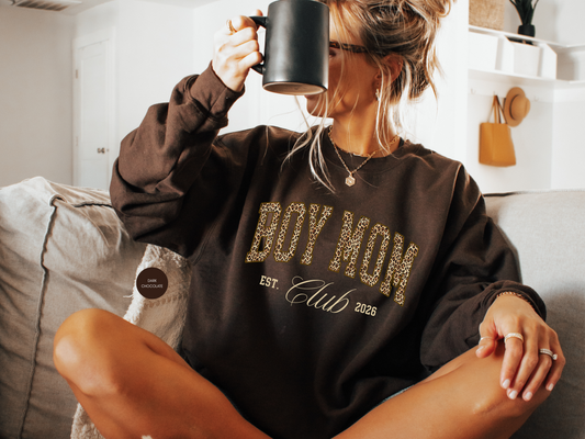 Boy Mom Club leopard print sweatshirt cozy dark chocolate crewneck for moms