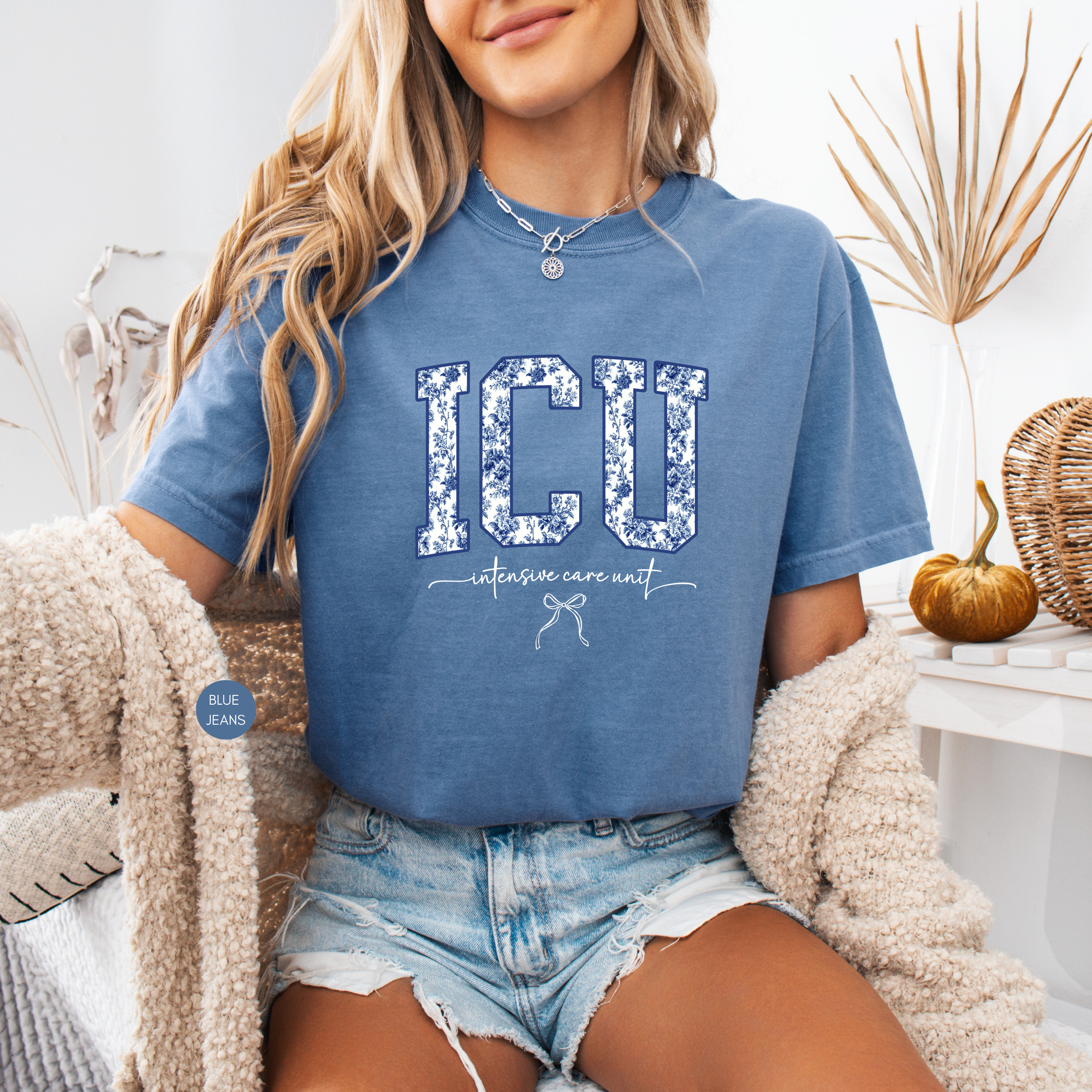 ICU Intensive Care Unit nurse shirt blue floral graphic unisex tee for critical care nurse