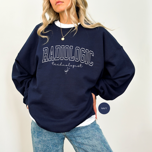 Radiologic Technologist navy sweatshirt with collegiate lettering for rad tech professionals.