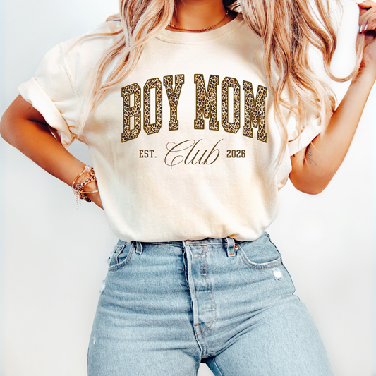 Boy Mom Club Shirt – Leopard Print Mom Tee, Trendy Gift for Moms, Aesthetic Mom Outfit