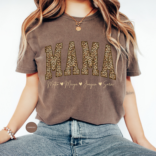 Personalized mama leopard shirt with kids names in espresso color trendy mom tee