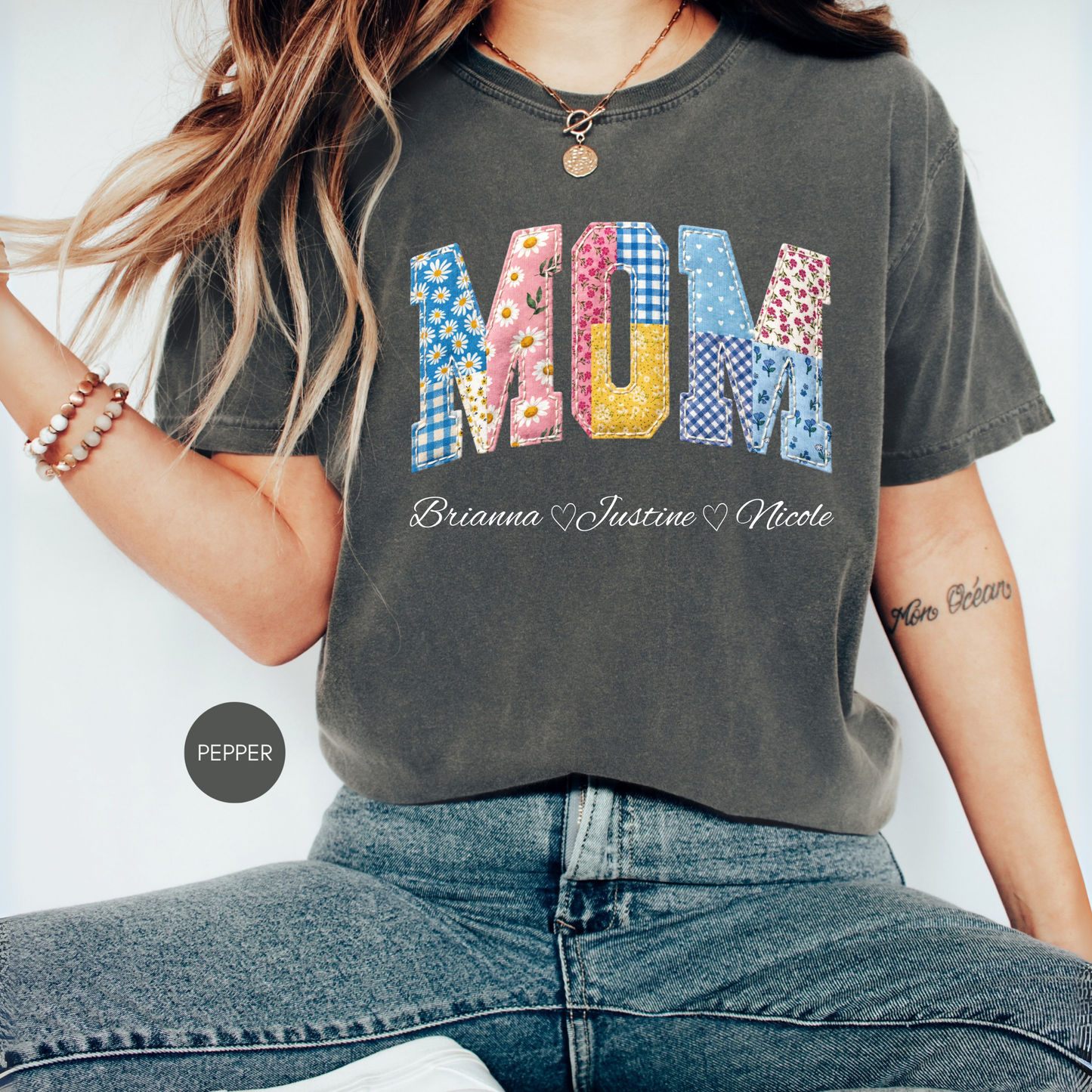 Custom MOM Faux Patchwork Shirt with Kids Names – Personalized Floral Mom Tee