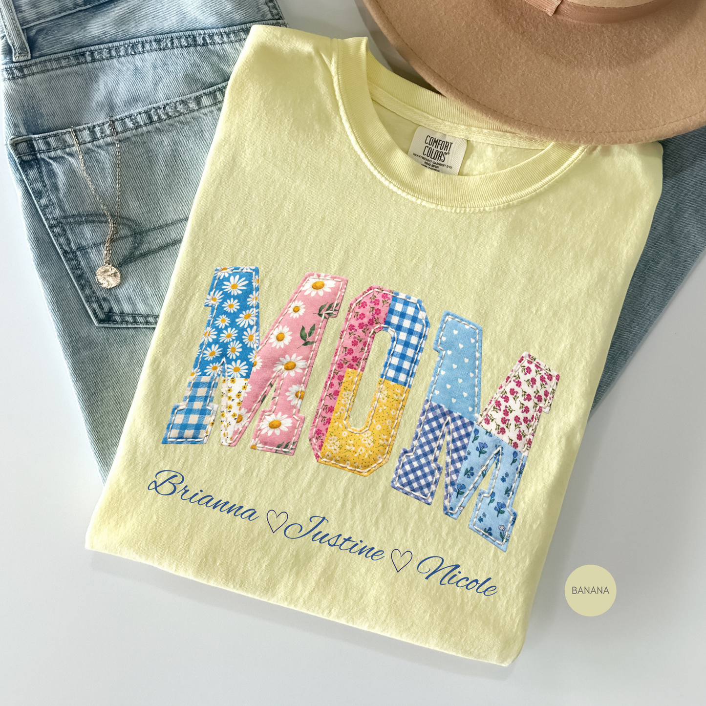 Custom MOM Faux Patchwork Shirt with Kids Names – Personalized Floral Mom Tee