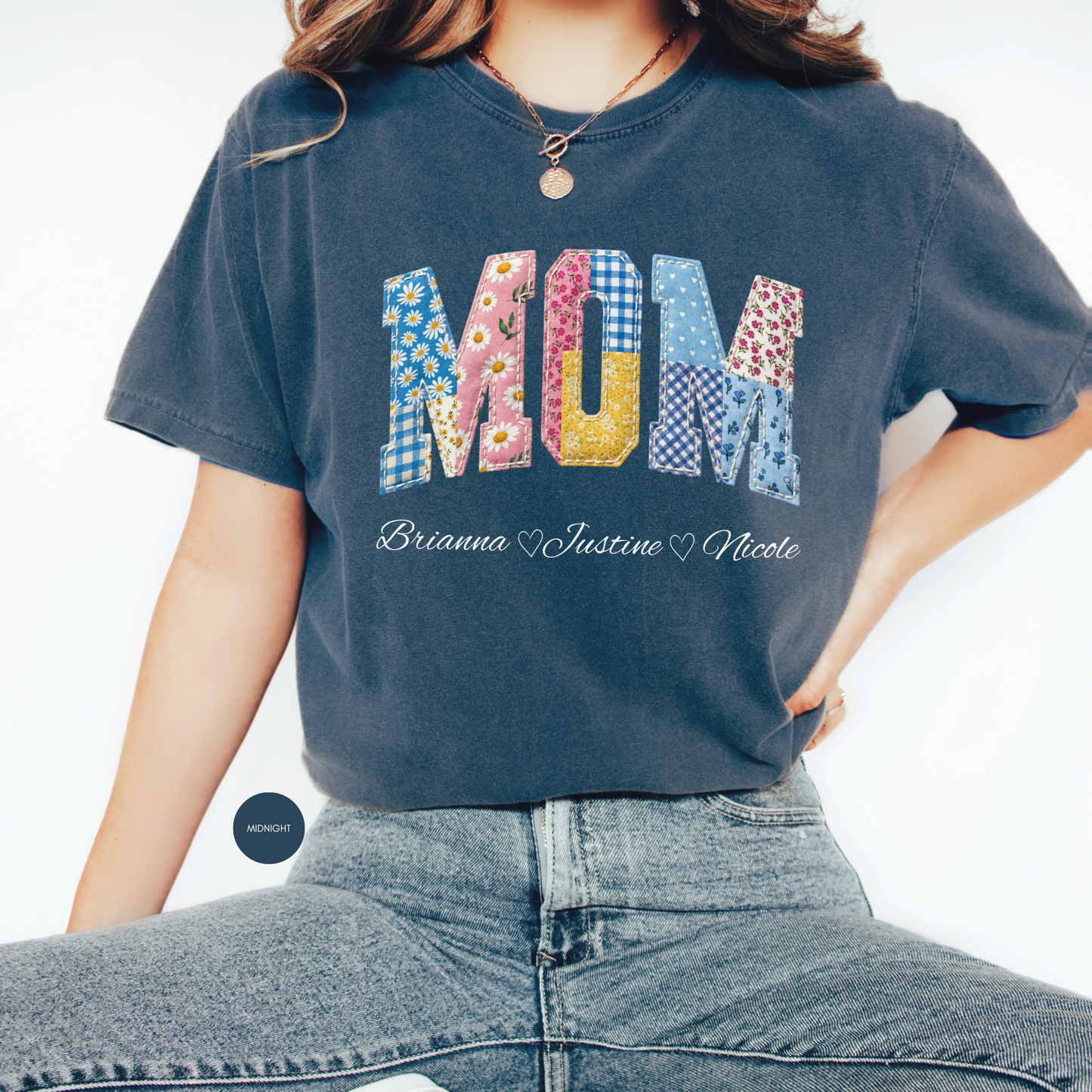 Custom MOM Faux Patchwork Shirt with Kids Names – Personalized Floral Mom Tee