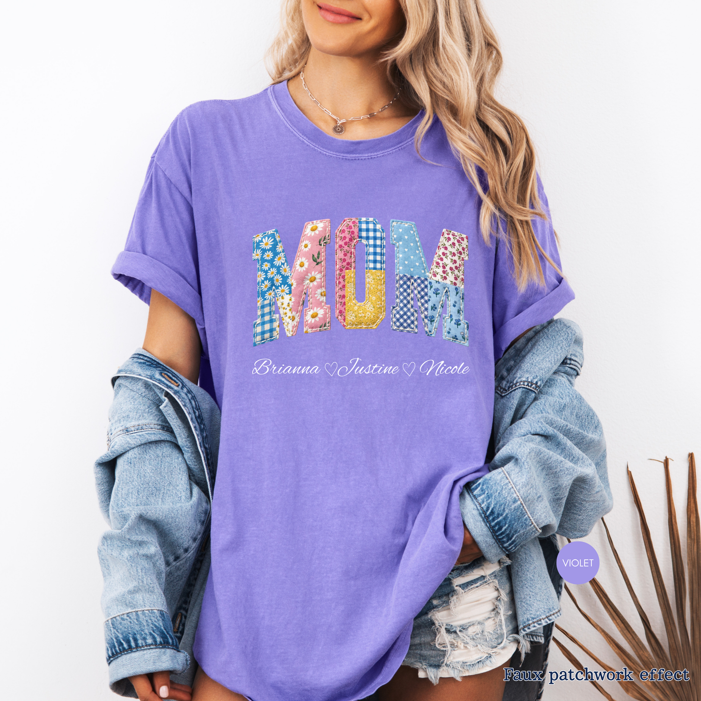 Custom MOM Faux Patchwork Shirt with Kids Names – Personalized Floral Mom Tee