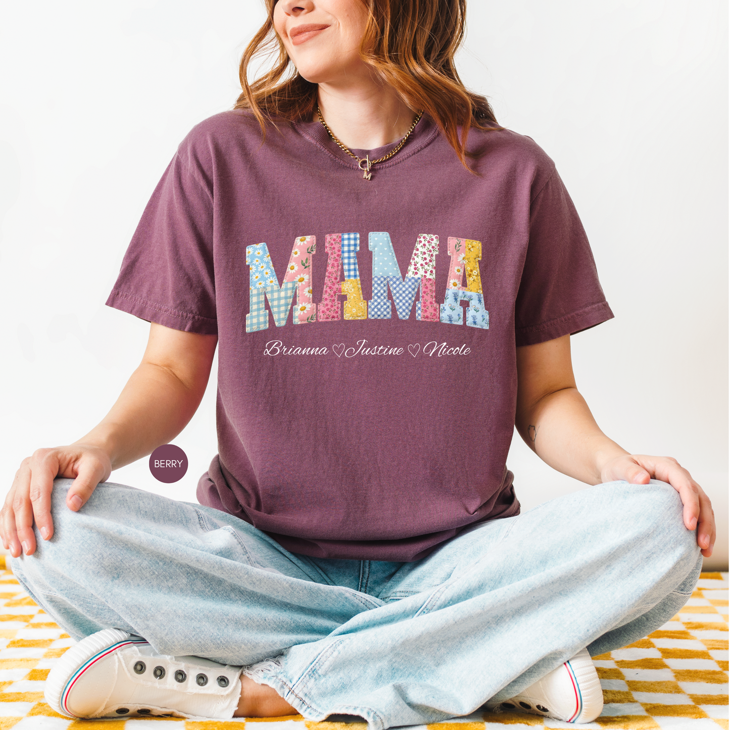 Personalized Mama Shirt with Names – Custom Patchwork Mom Gift