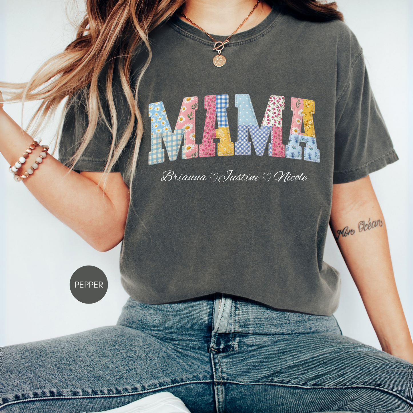 Personalized Mama Shirt with Names – Custom Patchwork Mom Gift