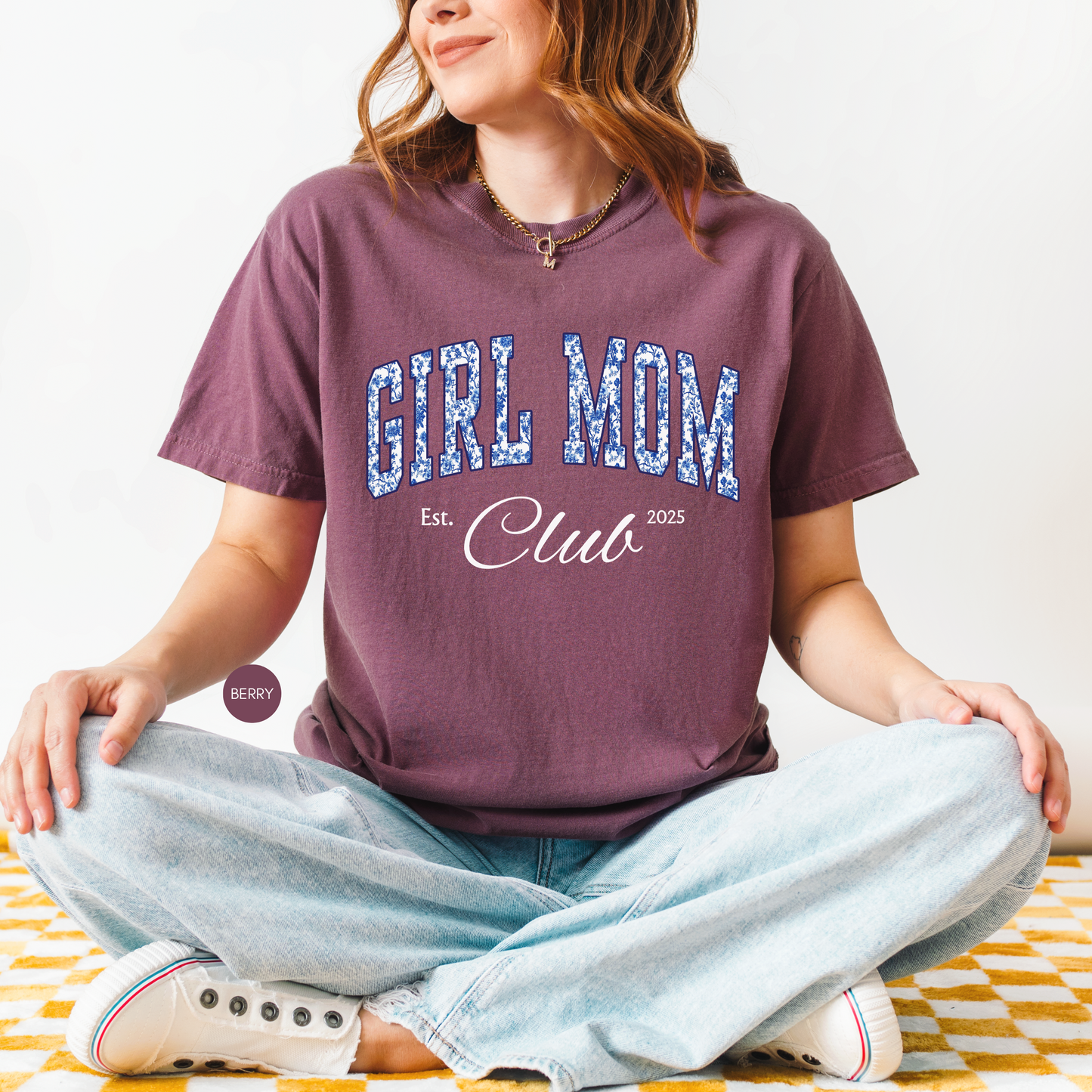 Girl Mom Club Shirt – Blue Toile Mom Tee, Trendy Mother’s Day Gift, Aesthetic Mom Outfit