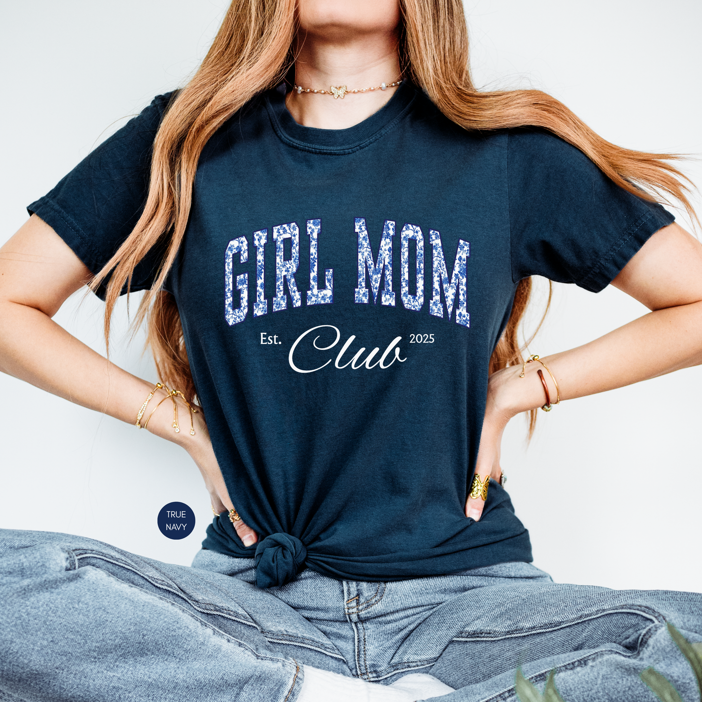Girl Mom Club Shirt – Blue Toile Mom Tee, Trendy Mother’s Day Gift, Aesthetic Mom Outfit