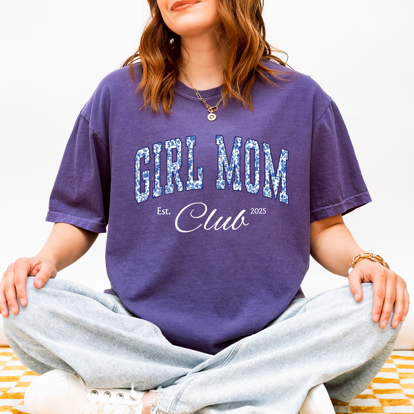 Girl Mom Club Shirt – Blue Toile Mom Tee, Trendy Mother’s Day Gift, Aesthetic Mom Outfit