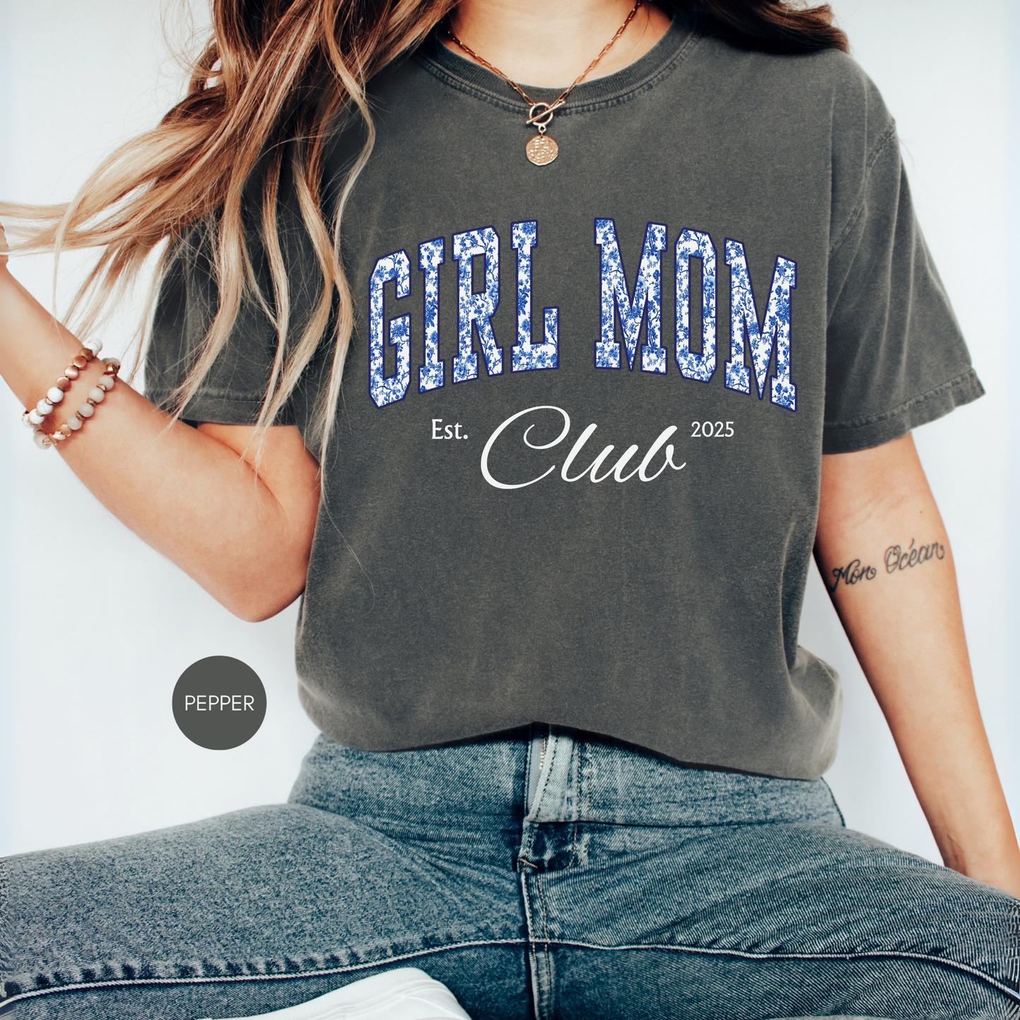 Girl Mom Club Shirt – Blue Toile Mom Tee, Trendy Mother’s Day Gift, Aesthetic Mom Outfit