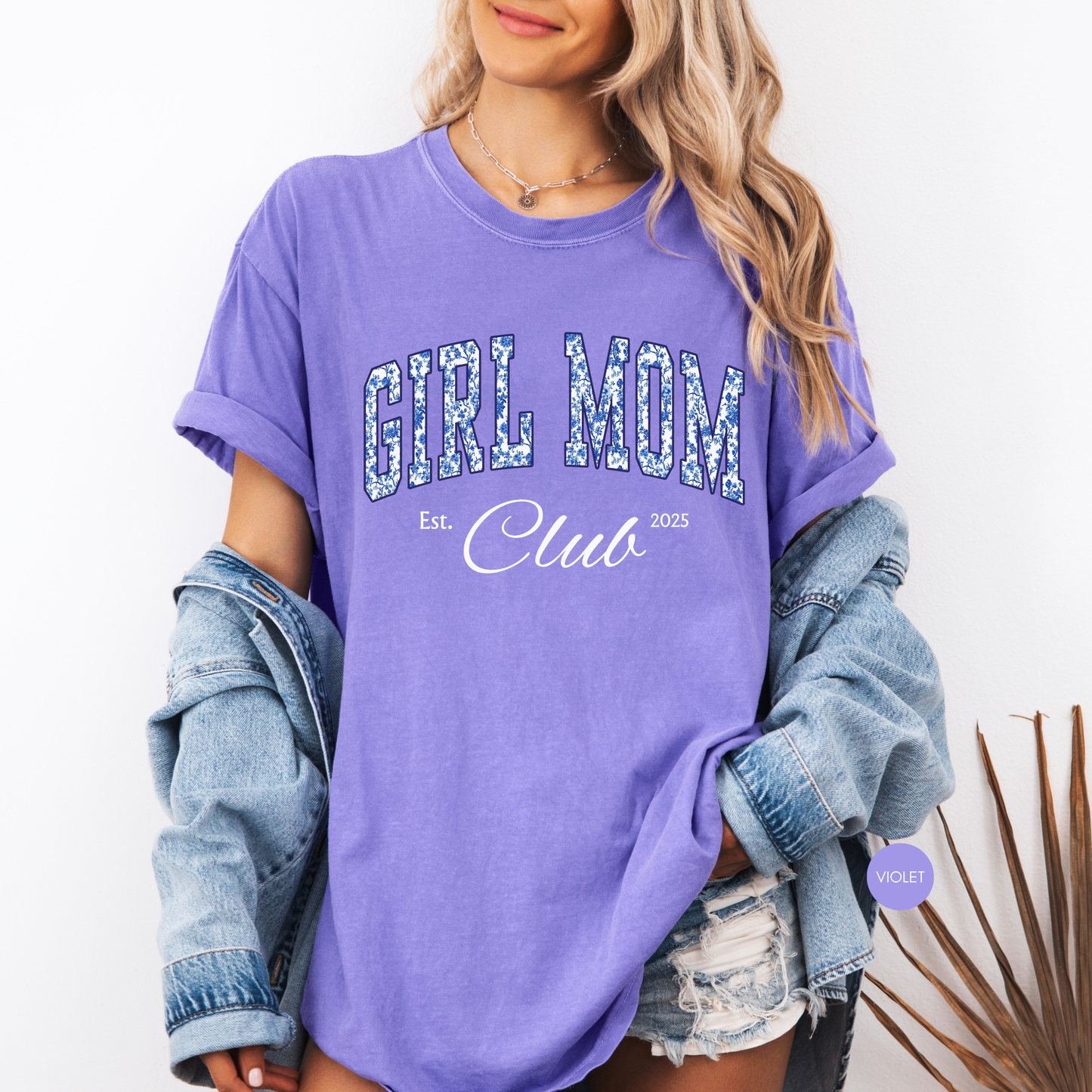 Girl Mom Club Shirt – Blue Toile Mom Tee, Trendy Mother’s Day Gift, Aesthetic Mom Outfit