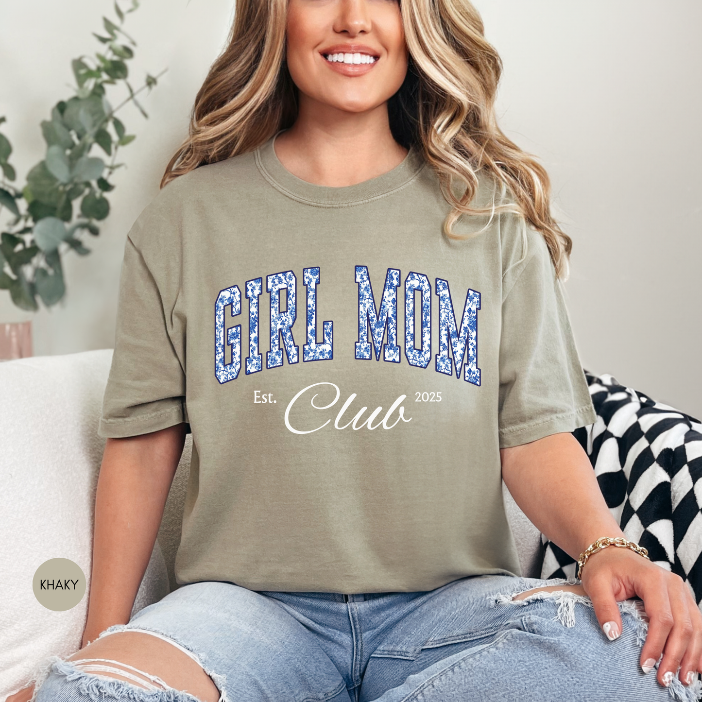 Girl Mom Club Shirt – Blue Toile Mom Tee, Trendy Mother’s Day Gift, Aesthetic Mom Outfit