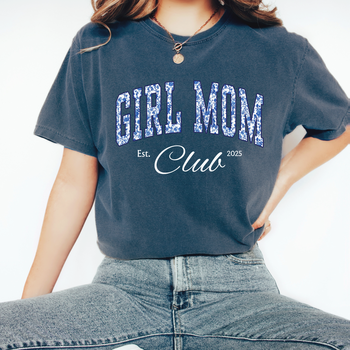 Girl Mom Club Shirt – Blue Toile Mom Tee, Trendy Mother’s Day Gift, Aesthetic Mom Outfit